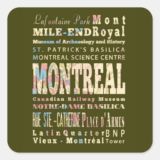 Attraktionen & berühmte Orte von Montreal, Québec. Quadratischer Aufkleber (Vorderseite)