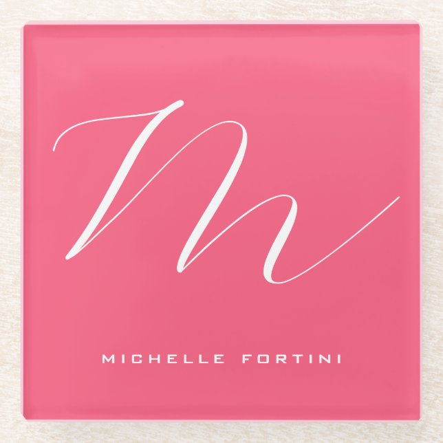 Attraktive Monogram Pink White Modern Schlicht Glasuntersetzer (Vorderseite)