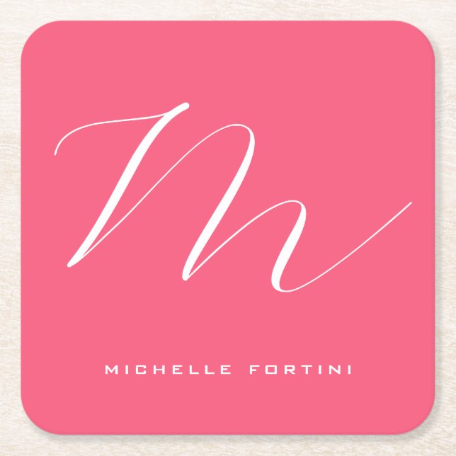 Attraktive Monogram Pink White Modern Schlicht Rechteckiger Pappuntersetzer (Vorderseite)
