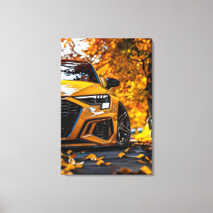 Attraktives gelbes Auto in herbstlicher Landschaft Leinwanddruck