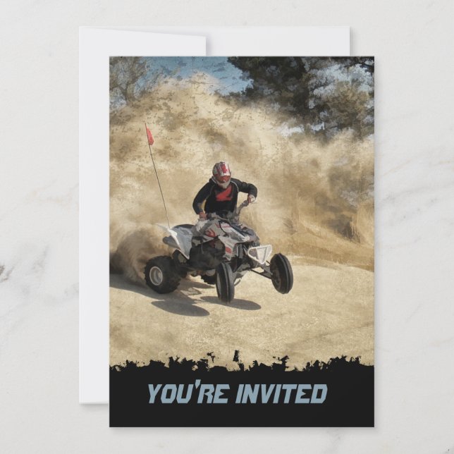 ATV auf der Straße in Staubwolke mit Rändern Einladung (Vorderseite)
