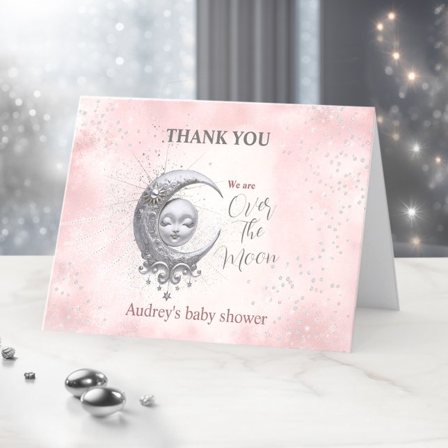 Au-Dessus De La Lune Rose Girl Baby shower Carte d (Over The Moon Pink Girl Baby Shower Thank You Card)