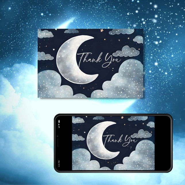 Au-dessus du carte de remerciements de baby shower (Over the moon stars galaxy baby shower template  thank you card digital download silver moon clouds)