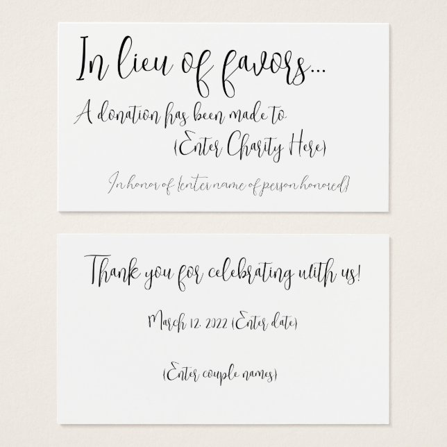 Au lieu de faveurs carte de don pour mariage (Devant & derrière)