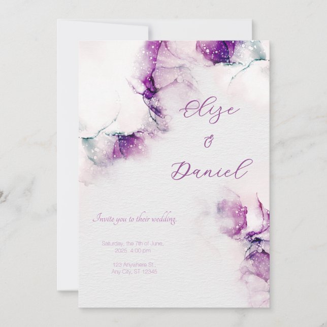 Aubergine Alcohol Ink Floral Wedding Invitation Einladung (Vorderseite)