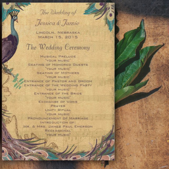 Aubergine-Aqua-Vintage-Pfau-Hochzeitsprogramm Programm (Von Creator hochgeladen)