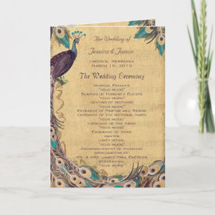 Aubergine-Aqua-Vintage-Pfau-Hochzeitsprogramm Programm