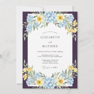 Aubergine Azure Gelbe Blütenblätter Hochzeit Einladung
