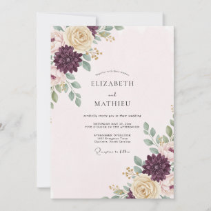 Aubergine Champagner Pfingstrosen-Hochzeit Einladung