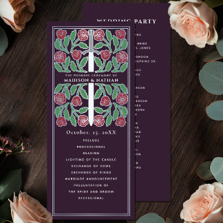 Aubergine Floral Silber Schwert Königliche Hochzei Programm