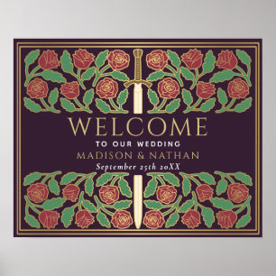 Aubergine Gold Blumen Königliche Hochzeits-Willkom Poster
