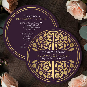 Aubergine Goldschwert Königliche Hochzeitsprobe  Einladung