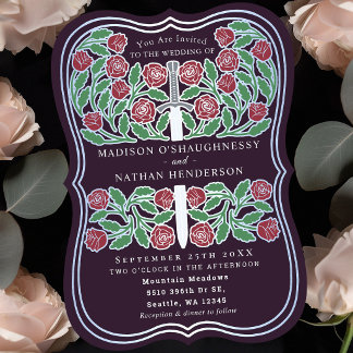 Aubergine Royal Floral Silver Schwert Hochzeit Einladung