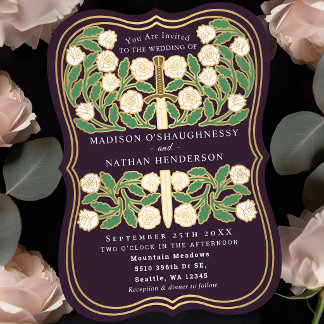 Aubergine Royal Mittelalterlich Weiß Floral Schwer Einladung