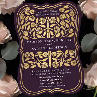 Aubergine Royal Mittelalterliches Goldschwert Hoch Einladung
