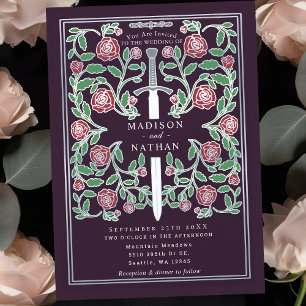 Aubergine Silber-Schwert Mittelalterliche Fantasy- Einladung