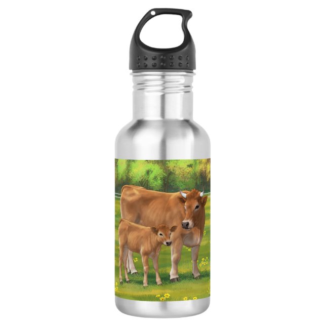 Aubrac Cow & Niedlich Calf in Frühlingsweide Edelstahlflasche (Vorderseite)