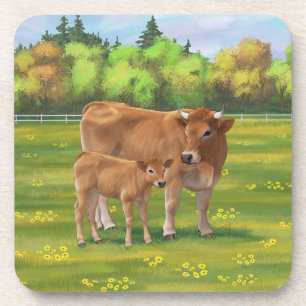 Aubrac Cow & Niedlich Calf in Frühlingsweide Getränkeuntersetzer