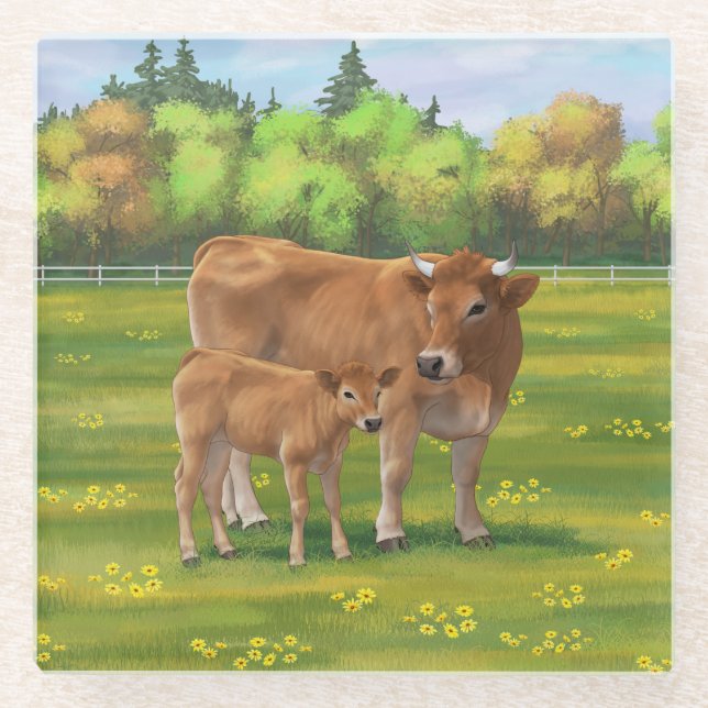 Aubrac Cow & Niedlich Calf in Frühlingsweide Glasuntersetzer (Vorderseite)