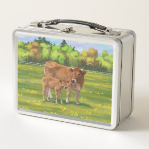 Aubrac Cow & Niedlich Calf in Frühlingsweide Metall Brotdose
