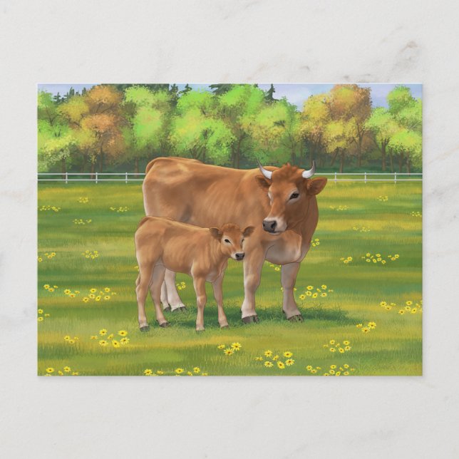 Aubrac Cow & Niedlich Calf in Frühlingsweide Postkarte (Vorderseite)