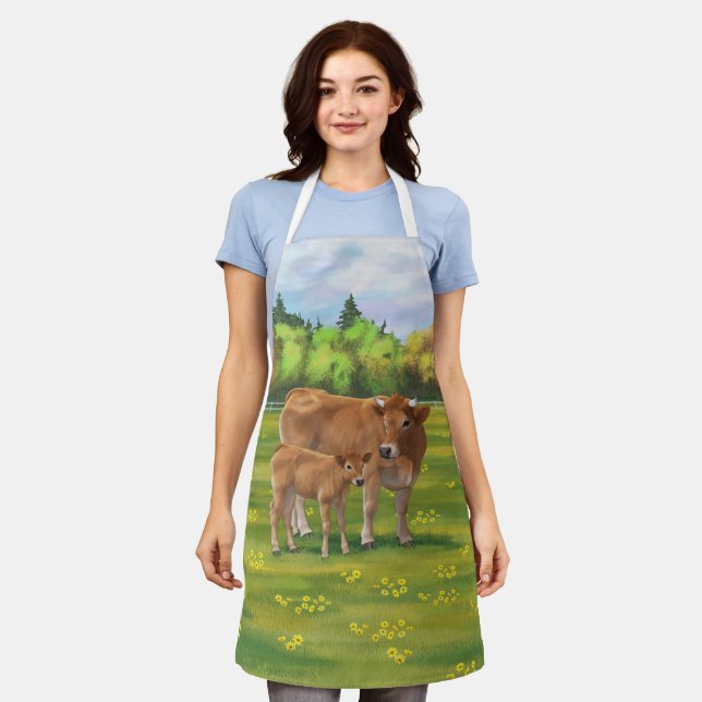 Aubrac Cow & Niedlich Calf in Frühlingsweide Schürze (Getragen)