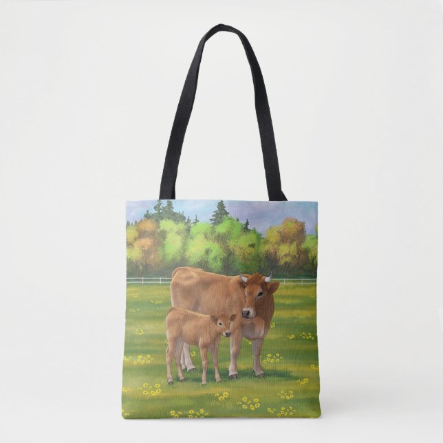 Aubrac Cow & Niedlich Calf in Frühlingsweide Tasche (Vorderseite)
