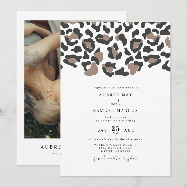 AUBREE Modern Leopard Print Safari Foto Hochzeit Einladung (Vorne/Hinten)