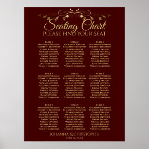 Auburn Brown & Gold 9 Table Wedding Chart Poster