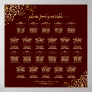 Auburn Brown & Gold Lace 22 Table Seating Chart Poster
