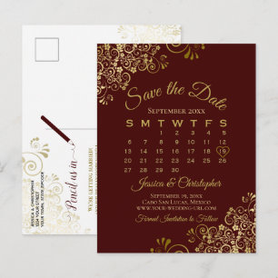 Auburn Brown Gold Wedding Save the Date Calendar Ankündigungspostkarte