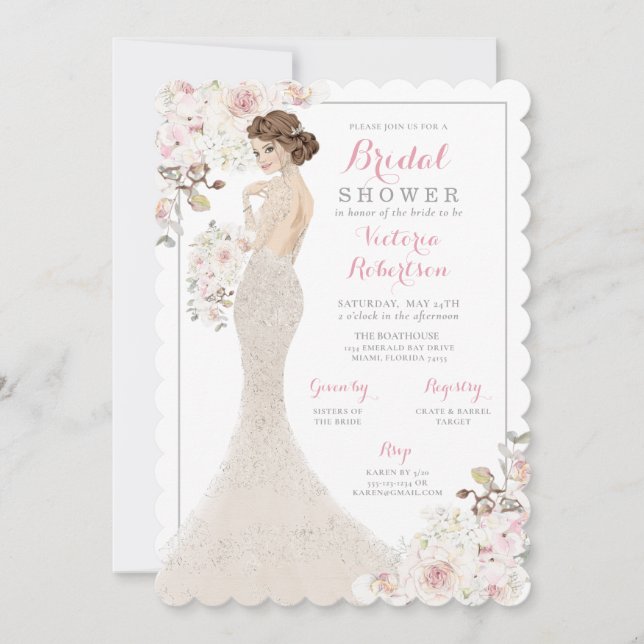Auburn Glam Bride in Gown Brautparty Einladung (Vorderseite)