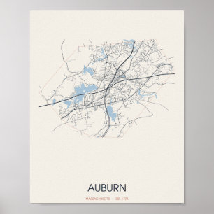 Auburn Massachusetts Straßenkarte Poster – Gegr. 1