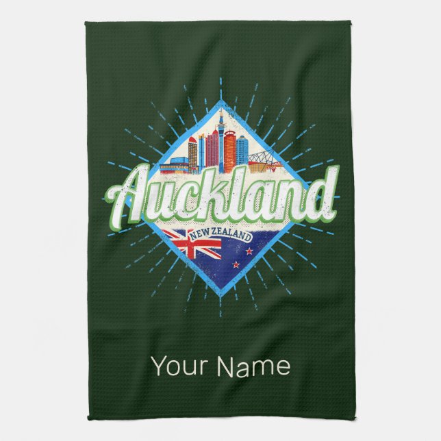 Auckland Neuseeland Retroskyline Vintag Geschirrtuch (Vertikal)