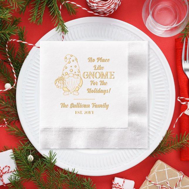 Aucun endroit comme Gnome Noël Nom de famille Date ("No Place Like Gnome [Home] For the Holidays!" Cute Gnome, Family Name | Year Stamped Foil Napkins)