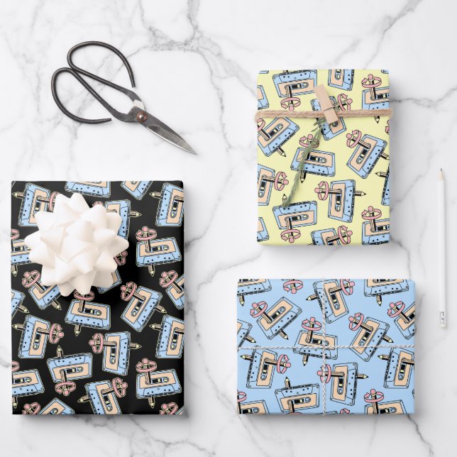 Audiokassette mit Bleistift-Muster Geschenkpapier Set (Vorderseite)