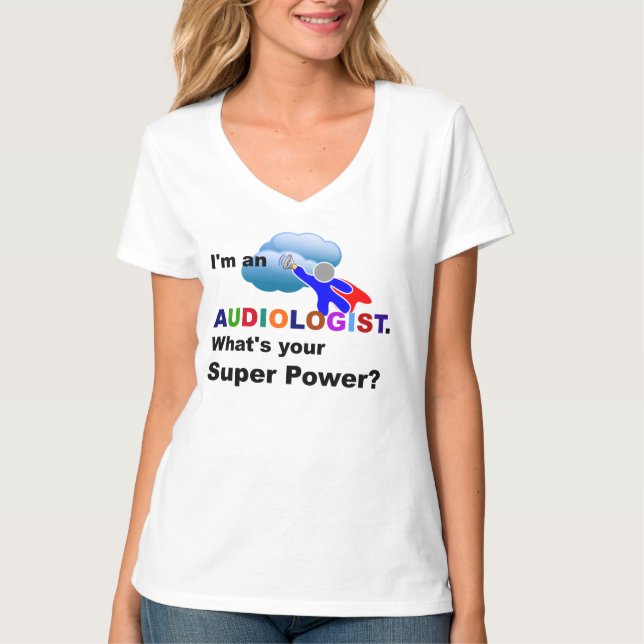 Audiologe Superhero, whimsisches Design T-Shirt (Vorderseite)
