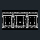 AUDREY'S ART DECO IRONWORK: WEISS AUF SCHWARZ POSTER<br><div class="desc">Audrey's Ironwork ist der schmiedeeiserne Zaun und das Tordesign aus dem Hintergrund unseres Art-Déco-Modedesigns "Audrey". Die Eisenwerkkomposition wurde mit mehreren Fotos französischer Art-Déco-Eisenarbeiten - Zäune,  Tore,  Säulen und einem Steinwerk-Design aus der oberen Kante eines Gebäude erstellt. Schöne architektonische Details.</div>