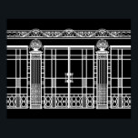 AUDREY'S ART DECO IRONWORK: WEISS AUF SCHWARZ POSTER<br><div class="desc">Audrey's Ironwork ist der schmiedeeiserne Zaun und das Tordesign aus dem Hintergrund unseres Art-Déco-Modedesigns "Audrey". Die Eisenwerkkomposition wurde mit mehreren Fotos französischer Art-Déco-Eisenarbeiten - Zäune,  Tore,  Säulen und einem Steinwerk-Design aus der oberen Kante eines Gebäude erstellt. Schöne architektonische Details.</div>