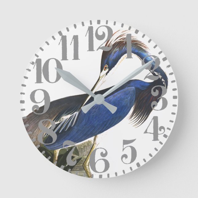 Audubon Blue Heron Bird Big Number Wall Clock Runde Wanduhr (Vorderseite)