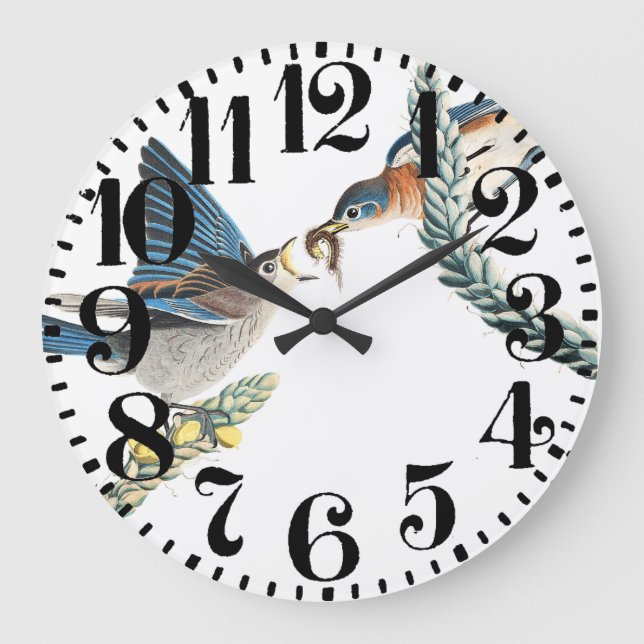 Audubon Bluebird Bird Bluoral Big Number Wall Cloc Große Wanduhr (Vorderseite)