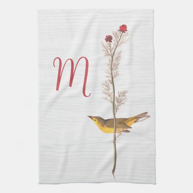 Audubon-Gelbvogel auf Blume mit Monogramm Geschirrtuch (Vertikal)