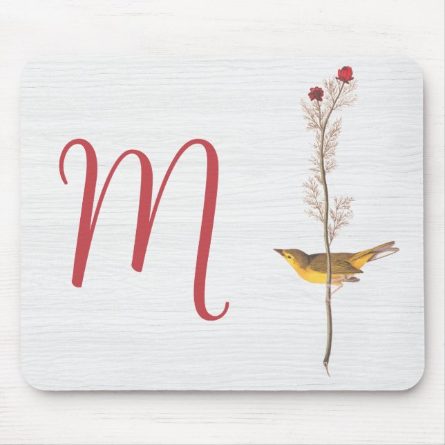 Audubon-Gelbvogel auf Blume mit Monogramm Mousepad (Vorne)