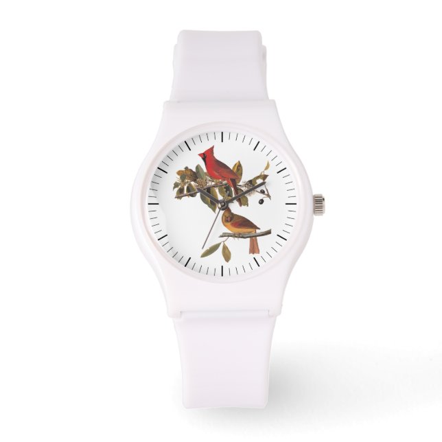 Audubon Kardinal Pair in Wild-Almond-Tree Armbanduhr (Vorderseite)