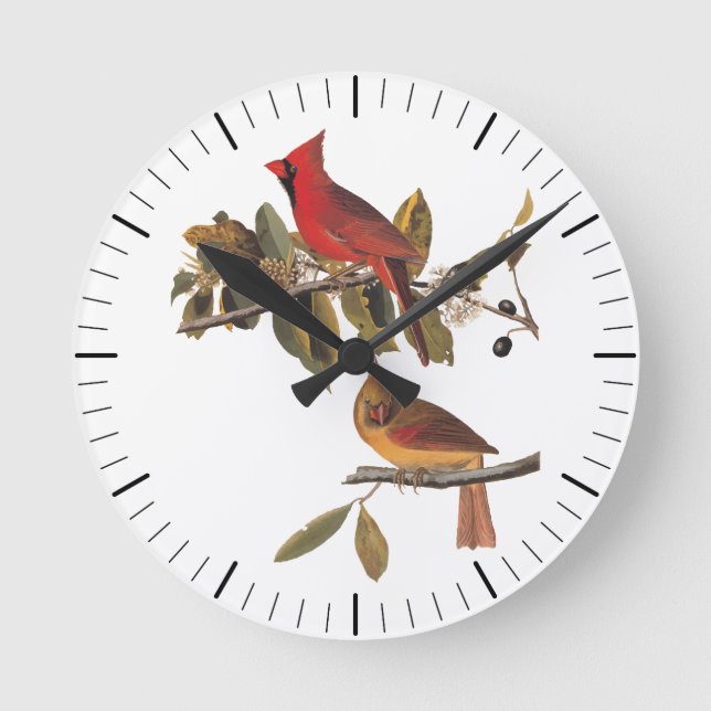 Audubon Kardinal Pair in Wild-Almond-Tree Runde Wanduhr (Vorderseite)