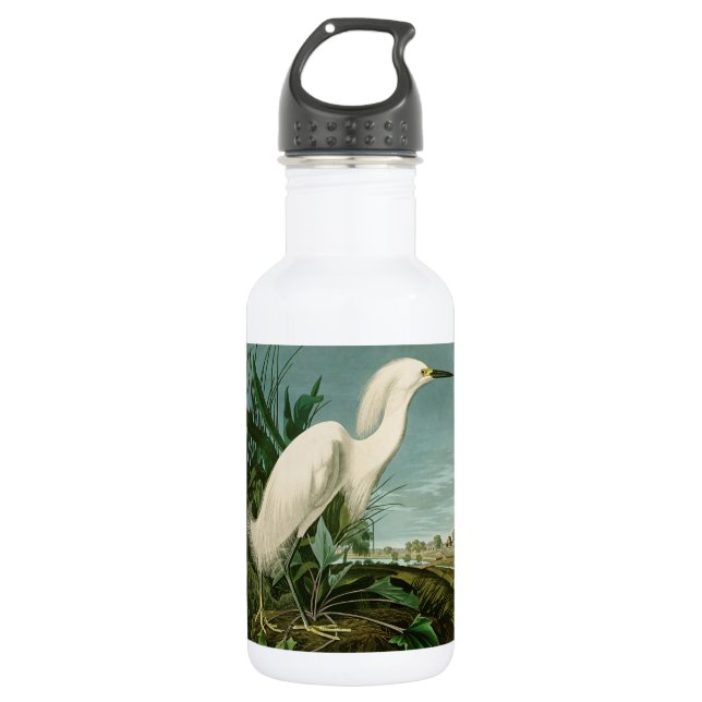 Audubon Snowy Heron White Egret Bird Vogelbeobacht Edelstahlflasche (Vorderseite)