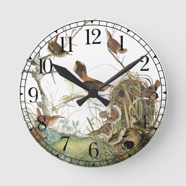 Audubon Zaunkönig-Vogel-Tier-Tier-Wanduhr Runde Wanduhr (Vorderseite)