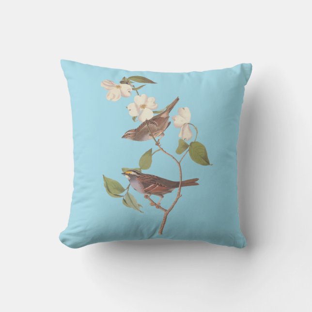 Audubons weißer, gedrossener Sparrow auf blau Kissen (Vorderseite)