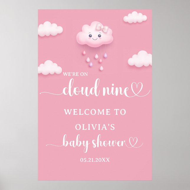 Auf Cloud Nine Modern Pink Baby Dusche Willkommen Poster (Vorne)