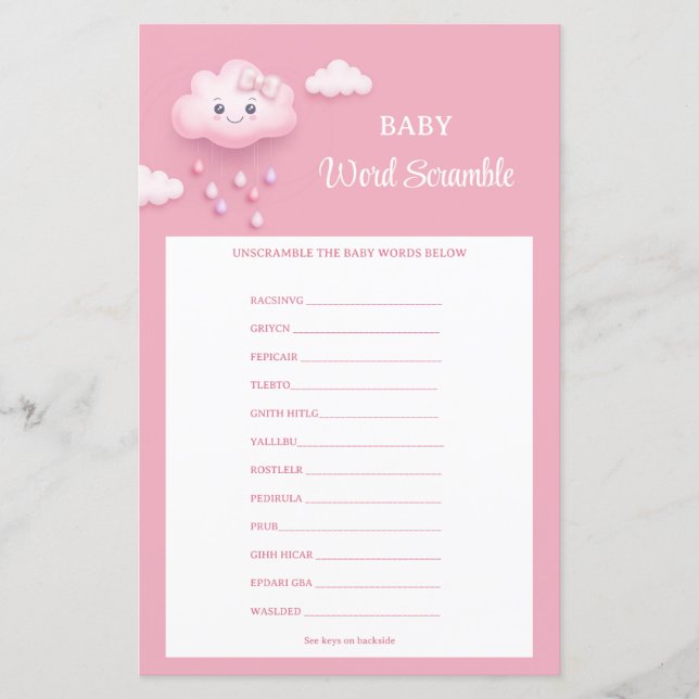 Auf Cloud Nine Modern Pink Girl Baby Word Scramble (Vorderseite)